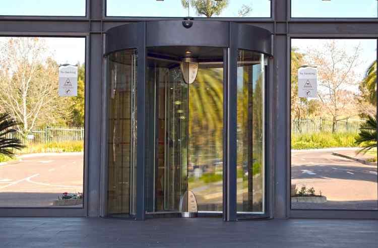 Automatic doors at the entry to a commercial building.