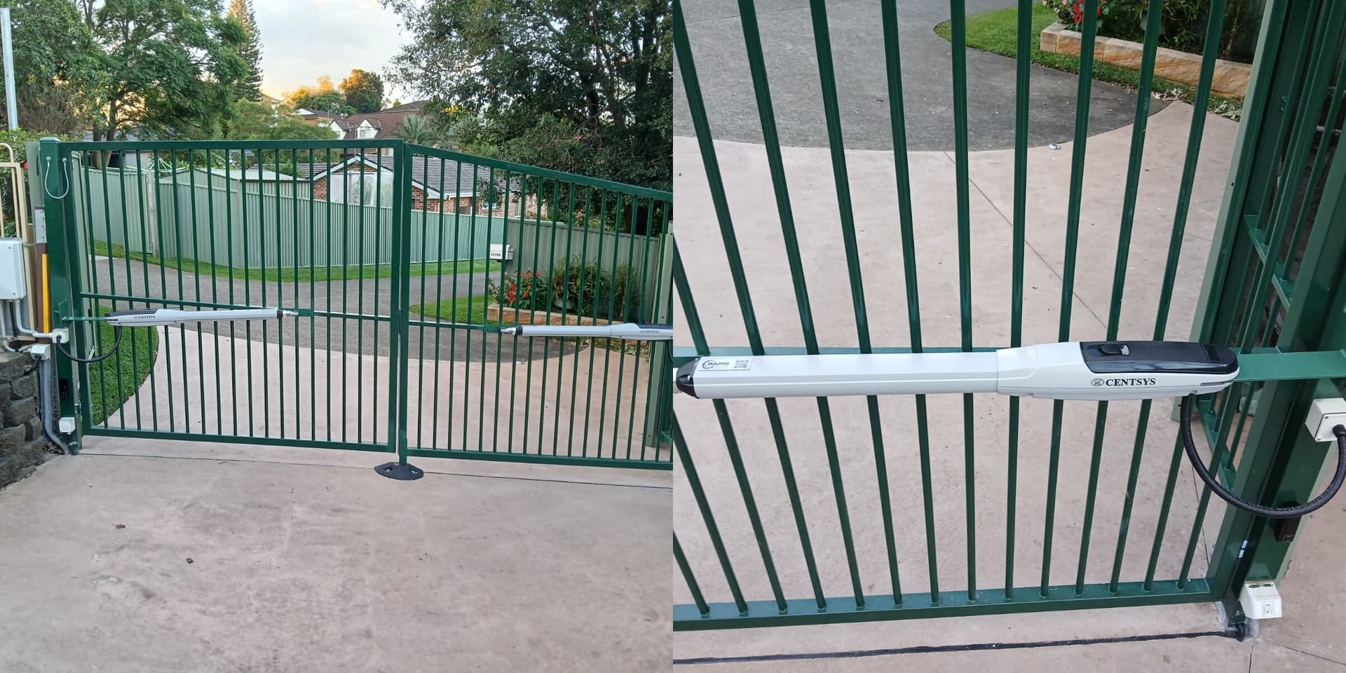 Automatic swing gate and close-up of its linear operator