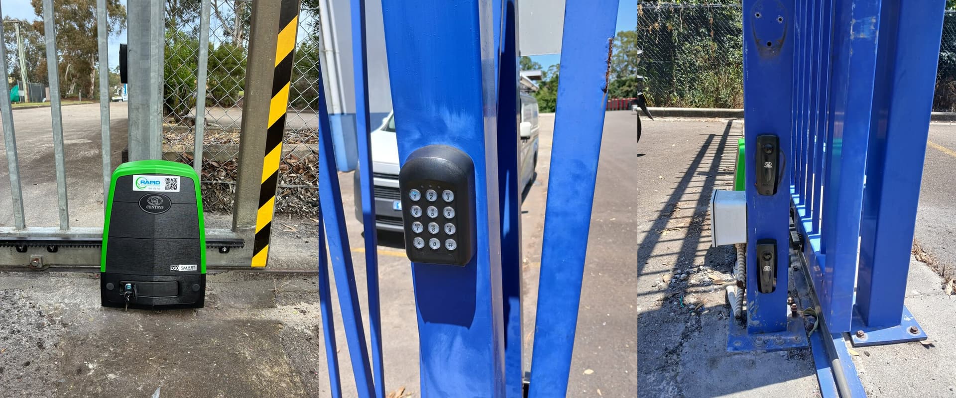 Sliding-gate motor, access keypad and paired safety sensors shown side by side