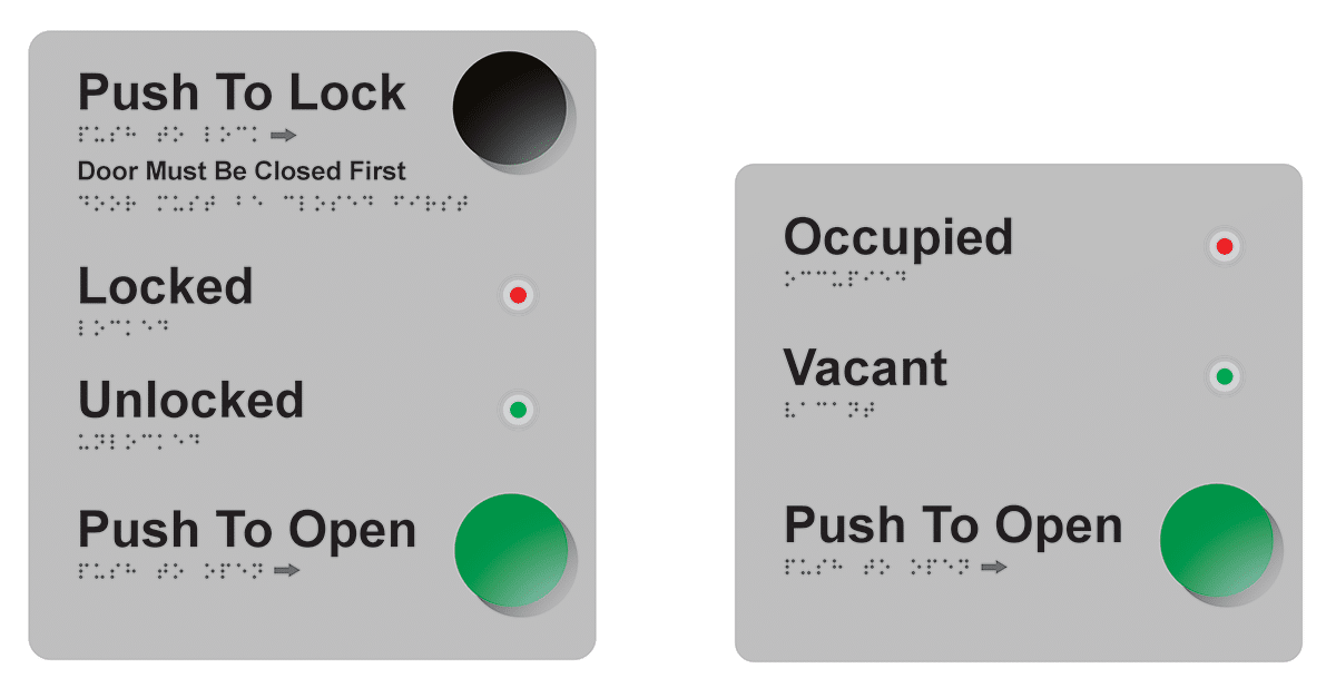 Two grey accessibility control panels for automatic doors with braille labels. The left panel features options: 'Push to Lock', 'Locked', 'Unlocked', and 'Push to Open', each with indicator lights. The right panel shows 'Occupied', 'Vacant', and 'Push to Open', also with indicator lights.