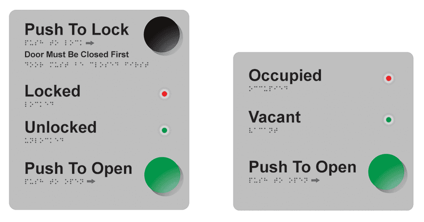 Two grey accessibility control panels for automatic doors with braille labels. The left panel features options: ‘Push to Lock’, ‘Locked’, ‘Unlocked’, and ‘Push to Open’, each with indicator lights. The right panel shows ‘Occupied’, ‘Vacant’, and ‘Push to Open’, also with indicator lights.