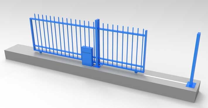 3D model of a track sliding gate showing ground-mounted rail and motor housing for smooth operation.