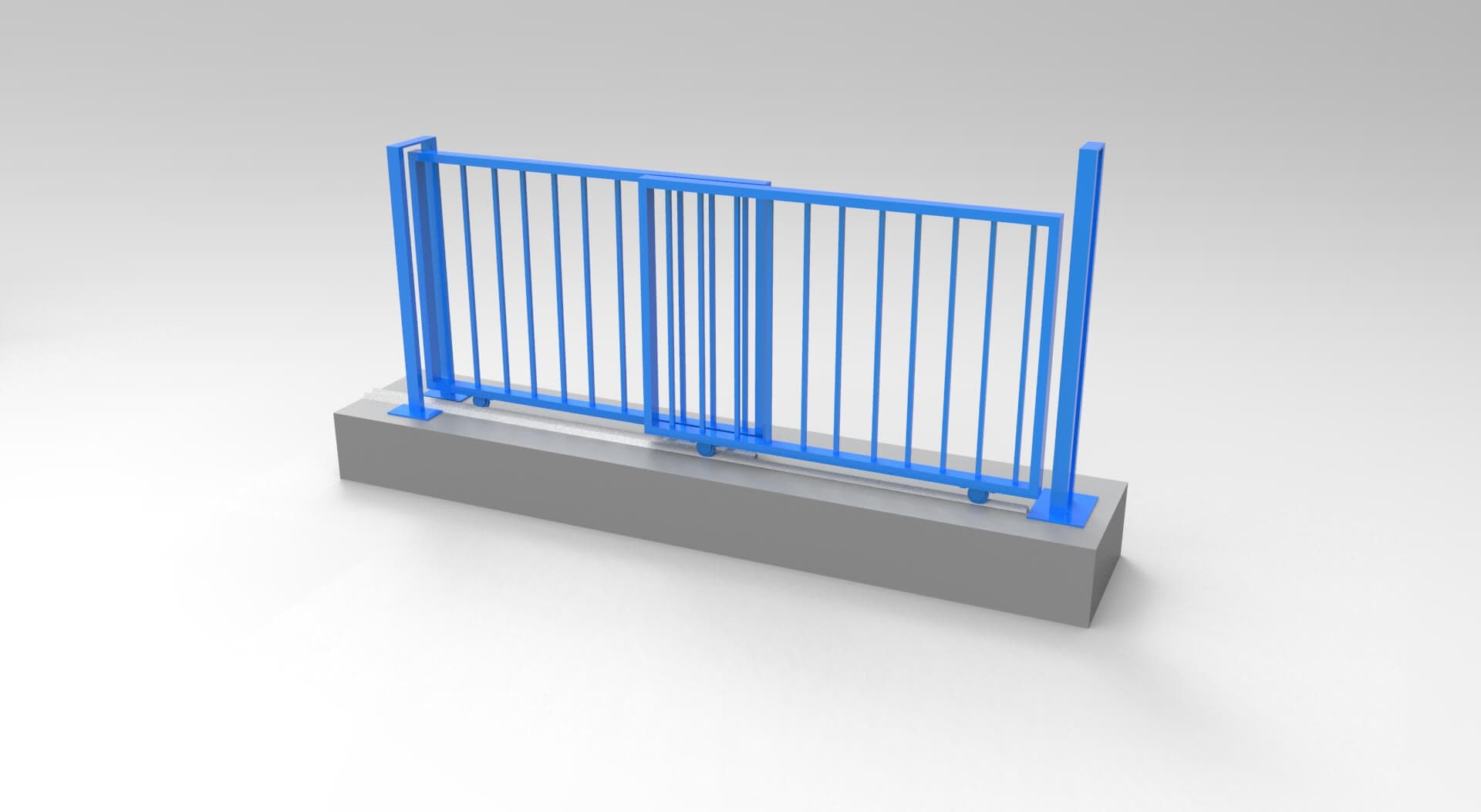 3D render of a telescopic sliding gate system with overlapping panels designed for space-saving operation.
