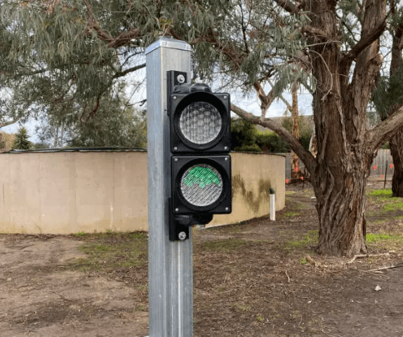 Close-up of a high-volume boom gate traffic management light.