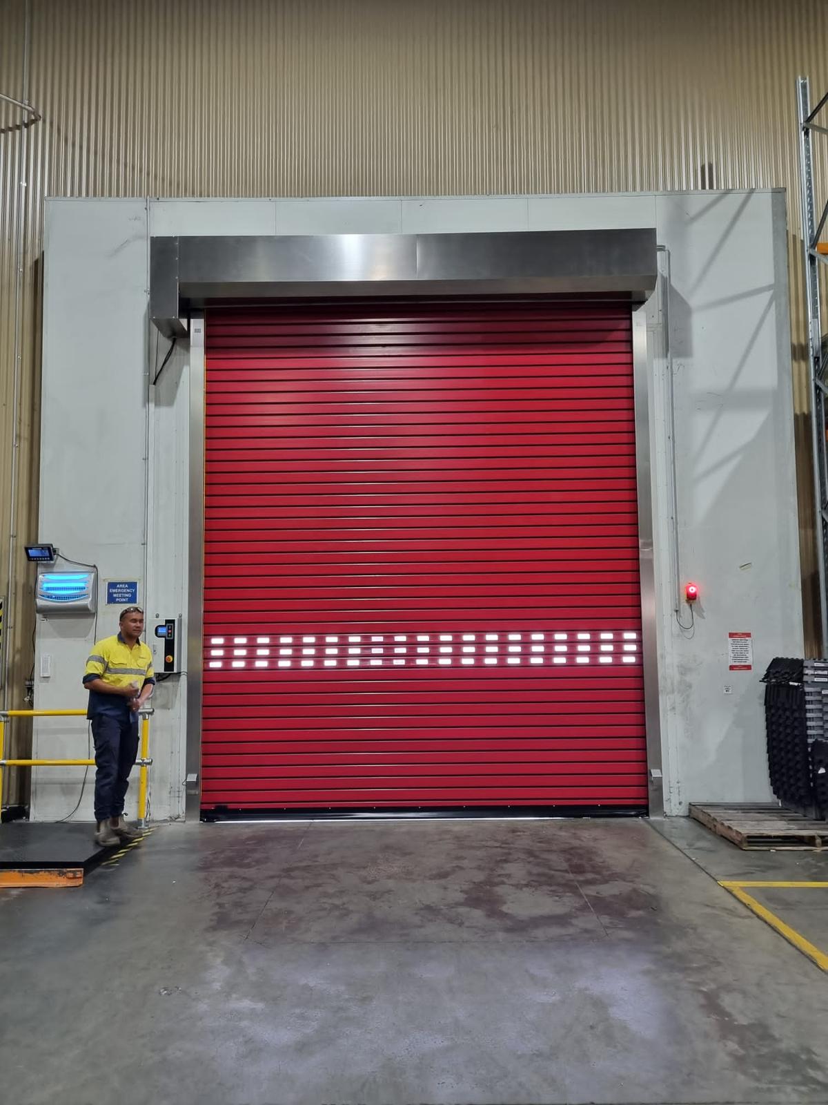 High-speed secure door at pharmaceutical supply chain facility.
