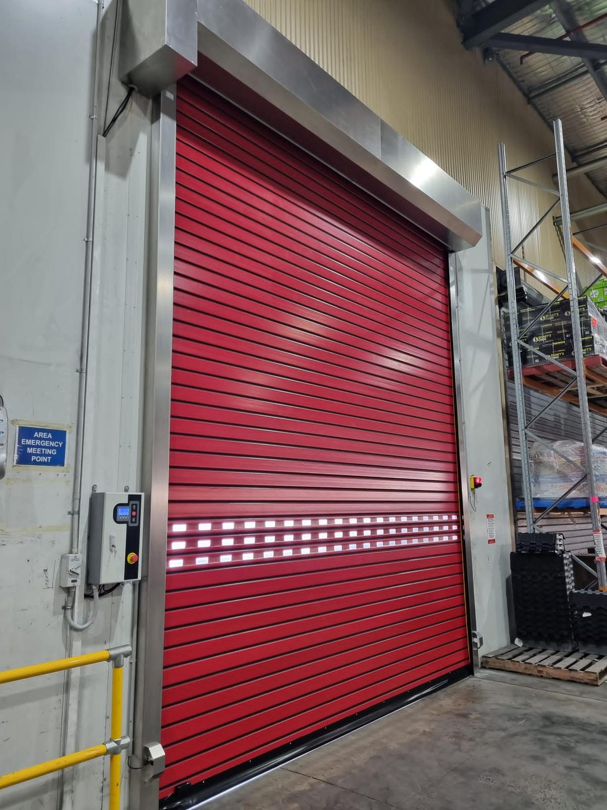 Close up of high-speed secure door at pharmaceutical supply chain facility.