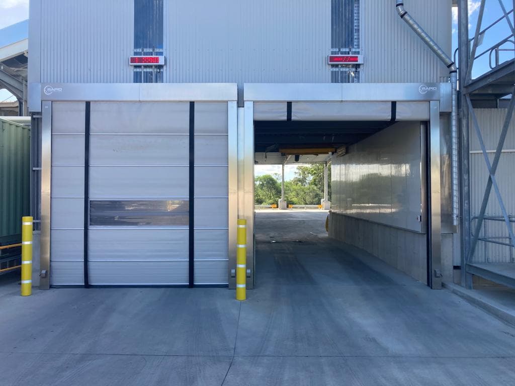 Rapid Max high-speed door at busy concrete plant.