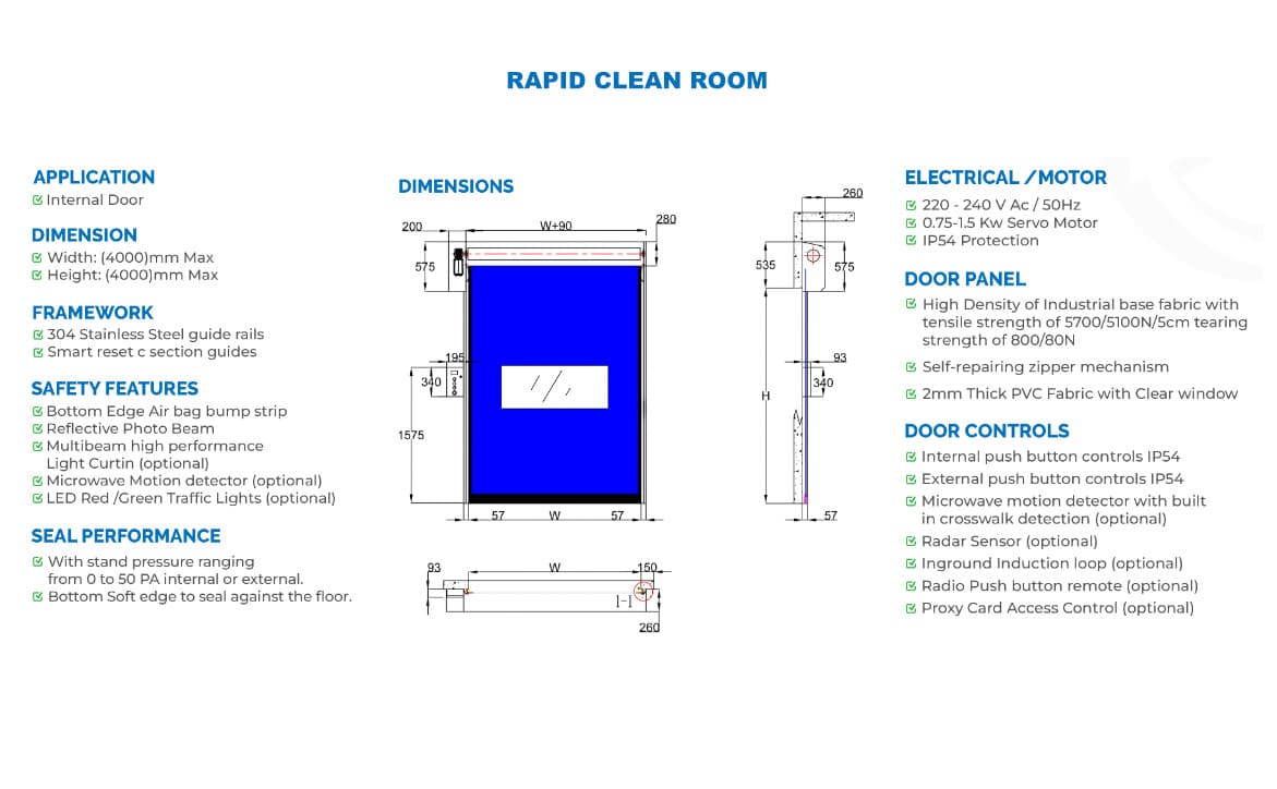 Rapid Clean Room high-speed door specifications.