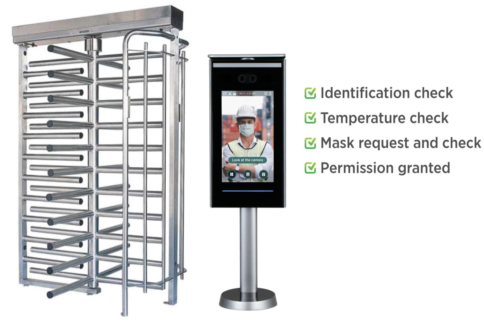 Face recognition temperature check station integrated with a full-height turnstile.