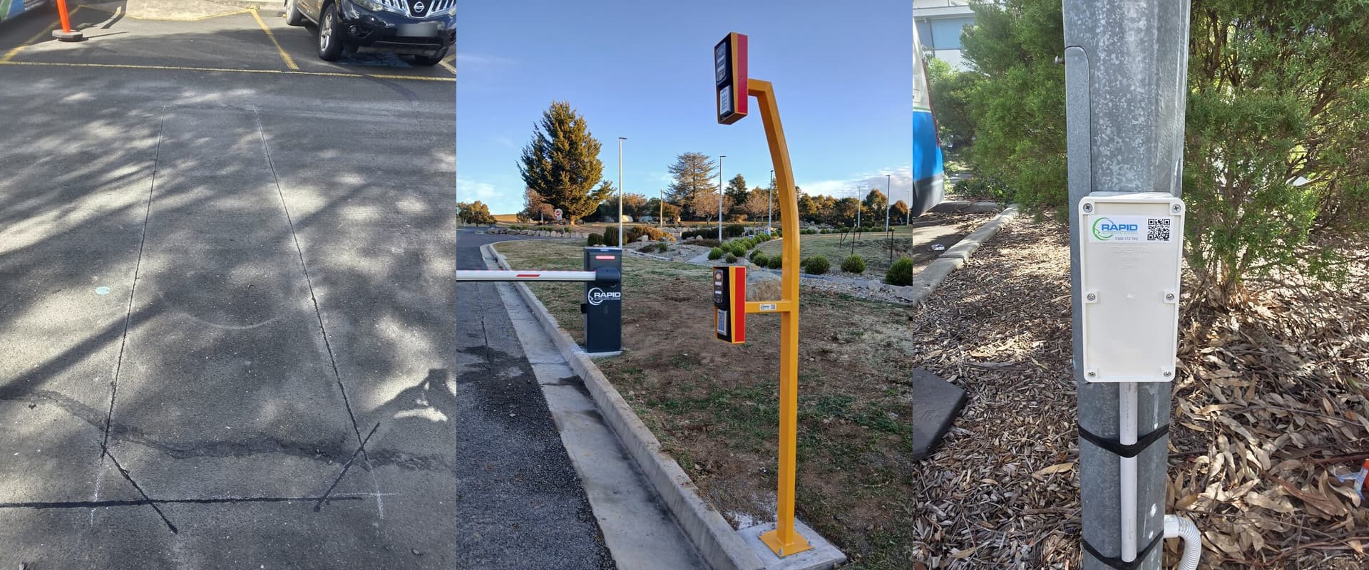 Boom-gate induction loop, credential pedestal and control enclosure shown side by side