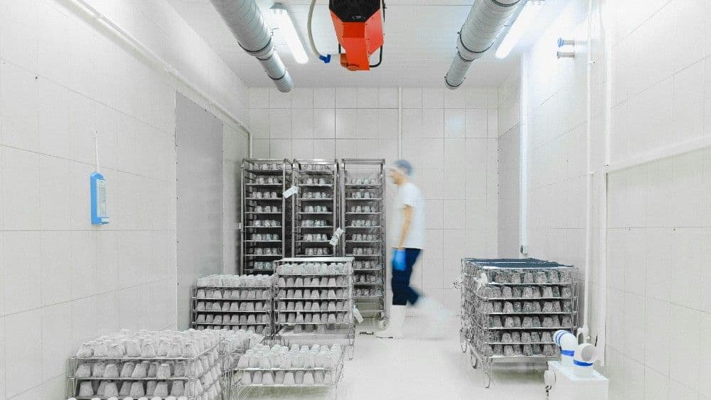 Worker moving through a temperature-controlled storage room with stacked food trays