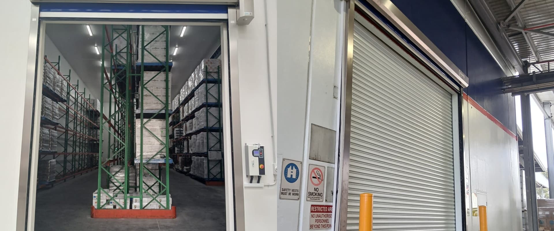 Open high-speed warehouse door lane beside a closed industrial roller door
