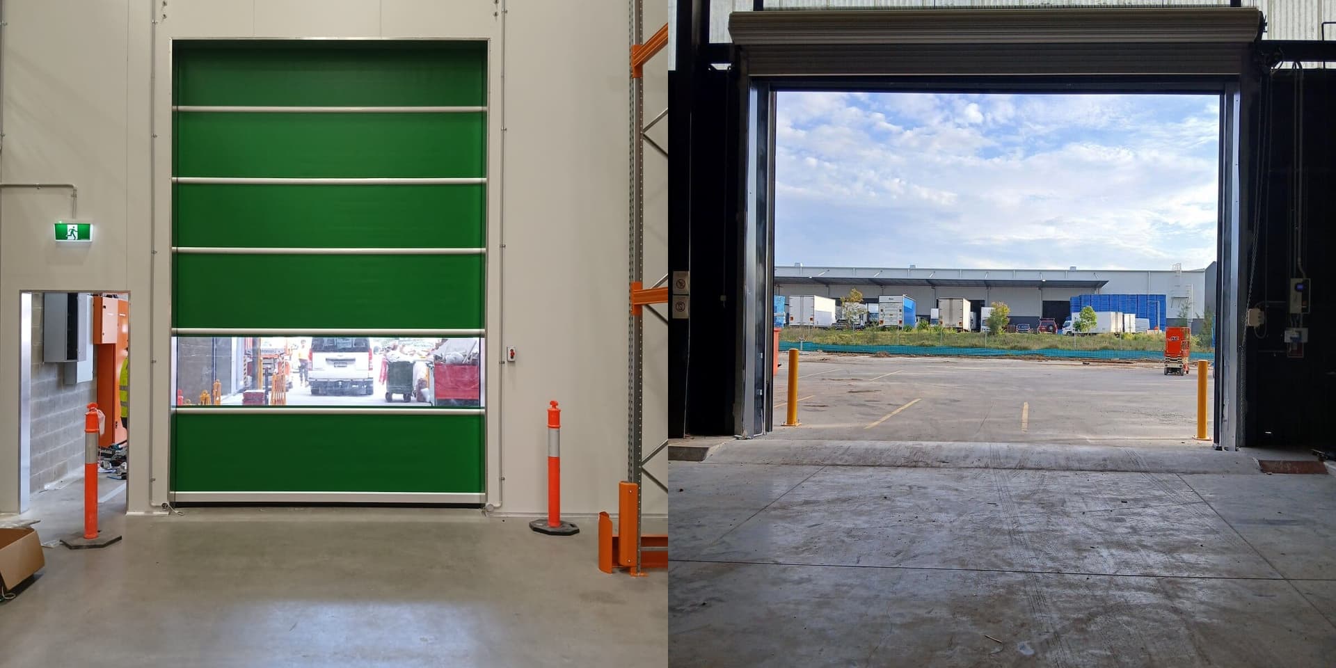 Green Rapid high-speed fabric door beside an open industrial roller door at warehouse sites