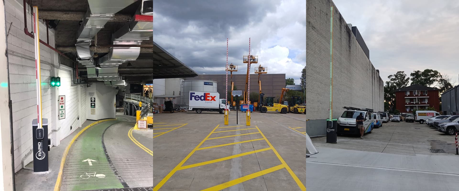 Boom gates at an underground car park, logistics facility and active installation site
