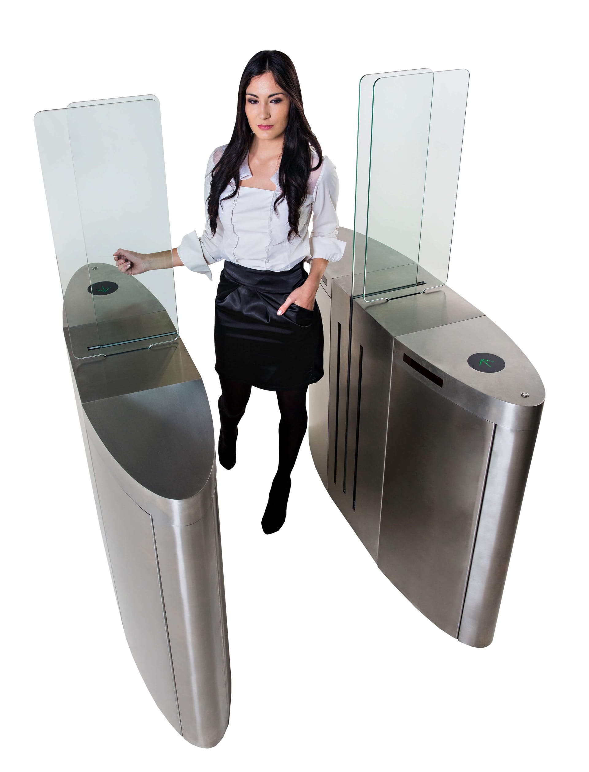 High-security speed gate lane with glass barriers.