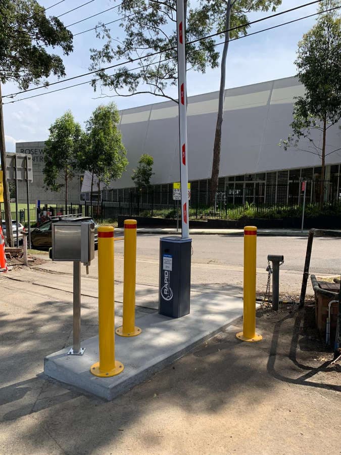 Automatic bollards used for restricted vehicle access.