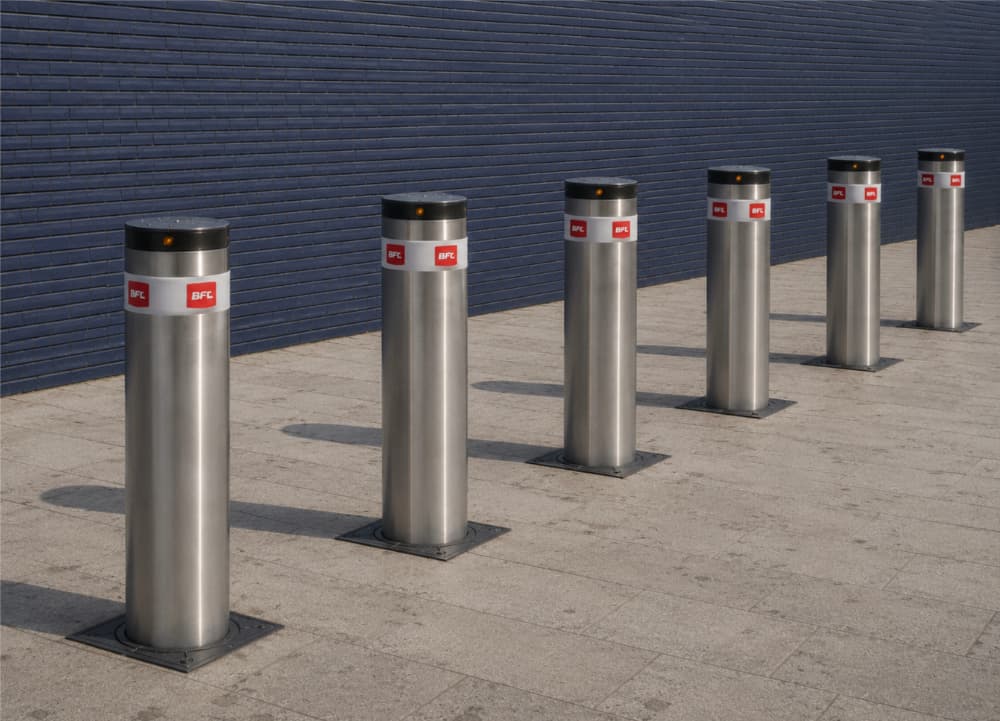 Stainless steel security bollards outside a commercial building.