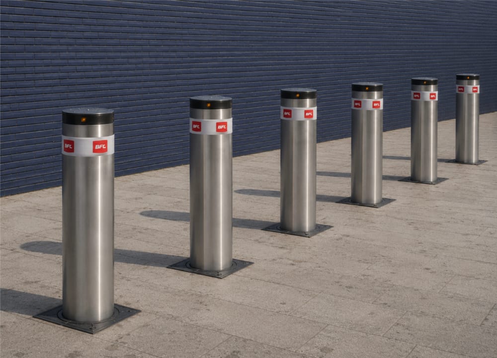 Stainless steel security bollards installed in a row outside a commercial building.